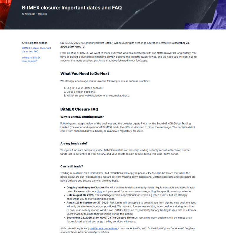 BitMEX关闭公告及只减仓与强制平仓时间截图