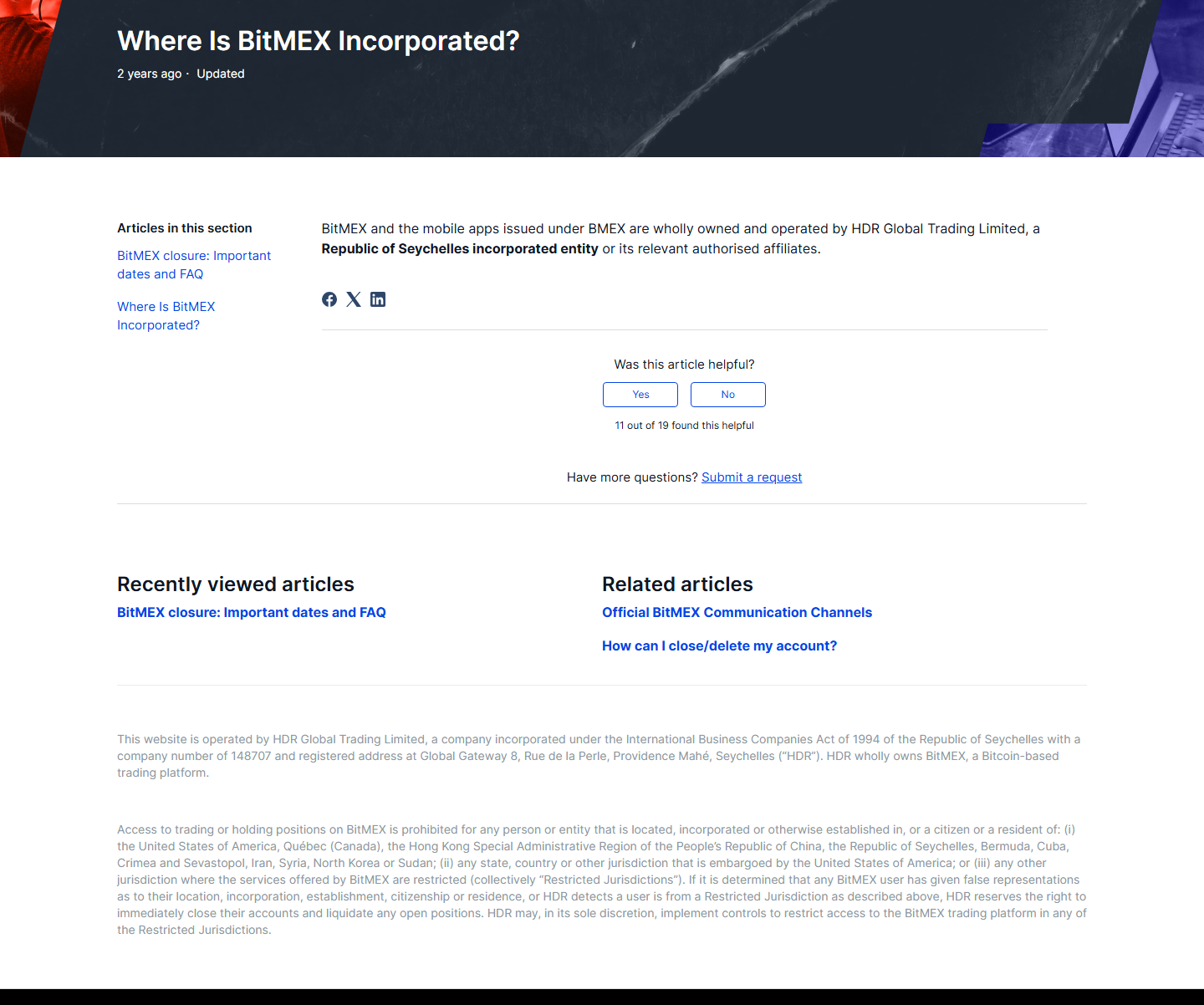 BitMEX官方披露HDR Global Trading Limited运营实体截图