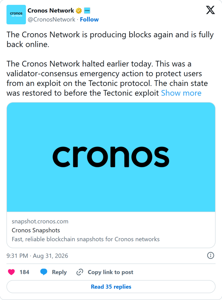 Cronos官方X声明恢复出块并回滚至Tectonic事件前状态