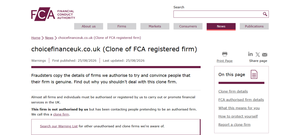FCA将choicefinanceuk.co.uk列为仿冒注册公司的警告页面