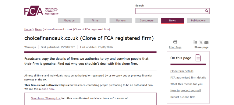 FCA将choicefinanceuk.co.uk列为仿冒注册公司的警告页面