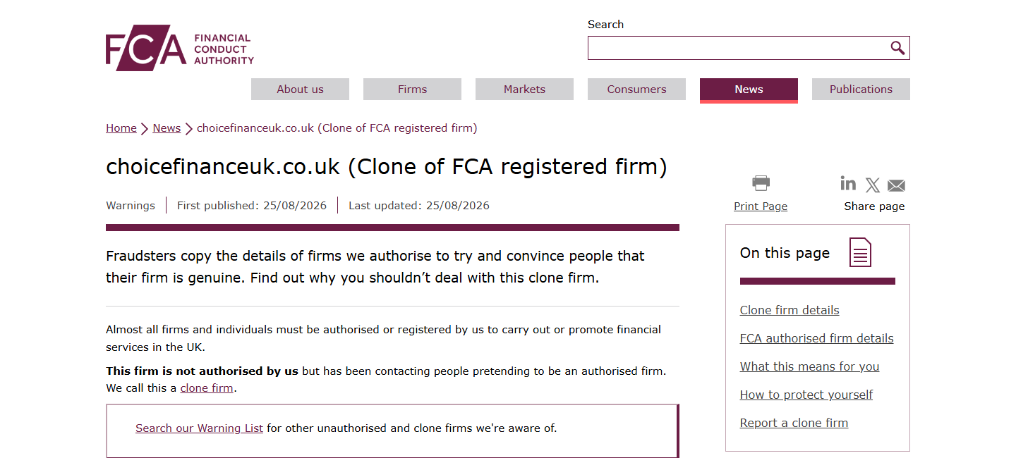 英国FCA将choicefinanceuk.co.uk列为仿冒注册公司的警告页面