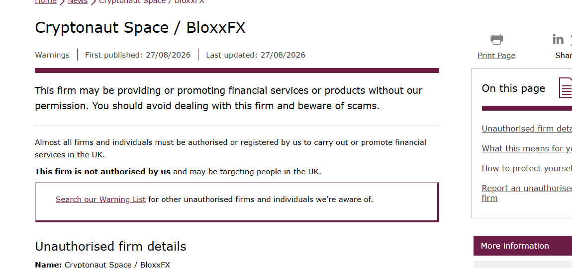 FCA关于Cryptonaut Space和BloxxFX未获授权的警告截图