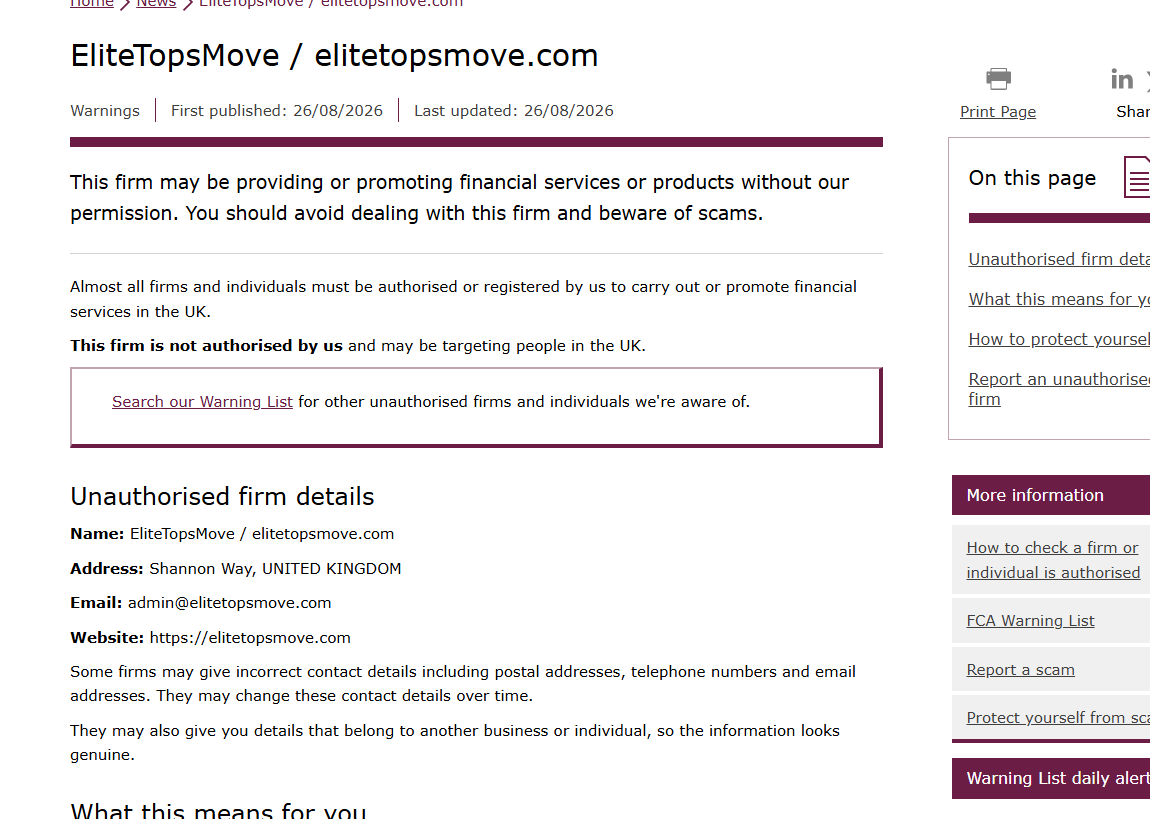 英国FCA将EliteTopsMove和elitetopsmove.com列为未获授权机构的警告页面