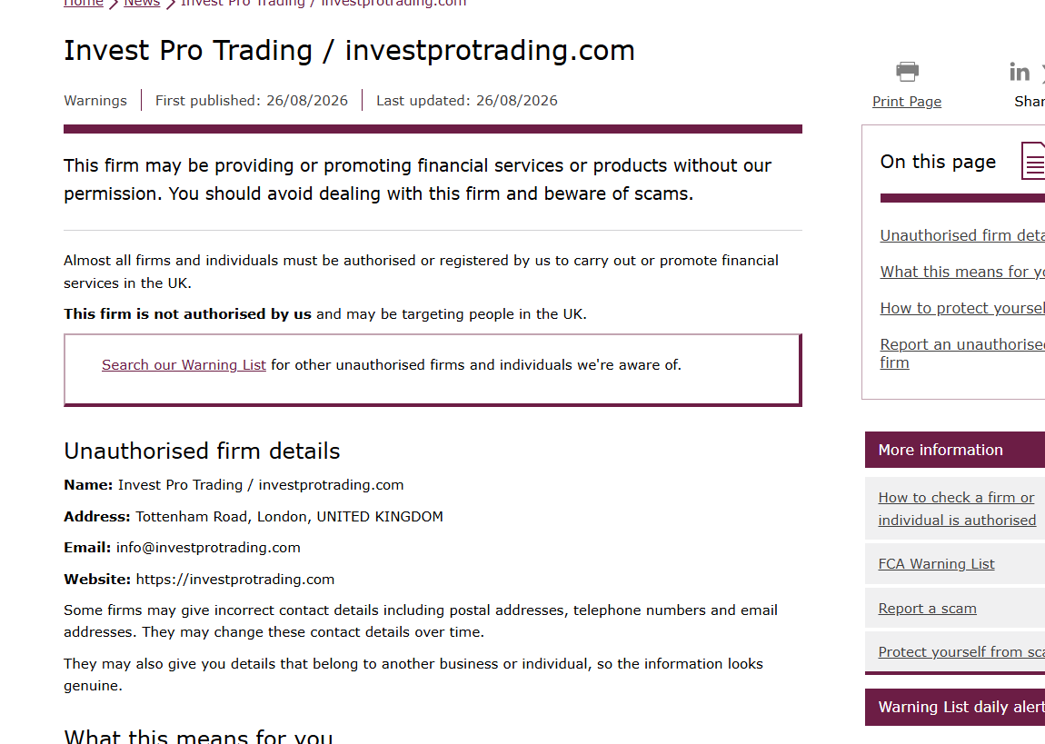 FCA关于Invest Pro Trading未获授权的警告截图