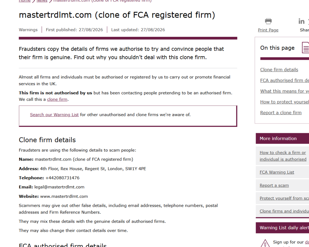 FCA关于mastertrdlmt.com冒充真实登记公司的套牌警告截图