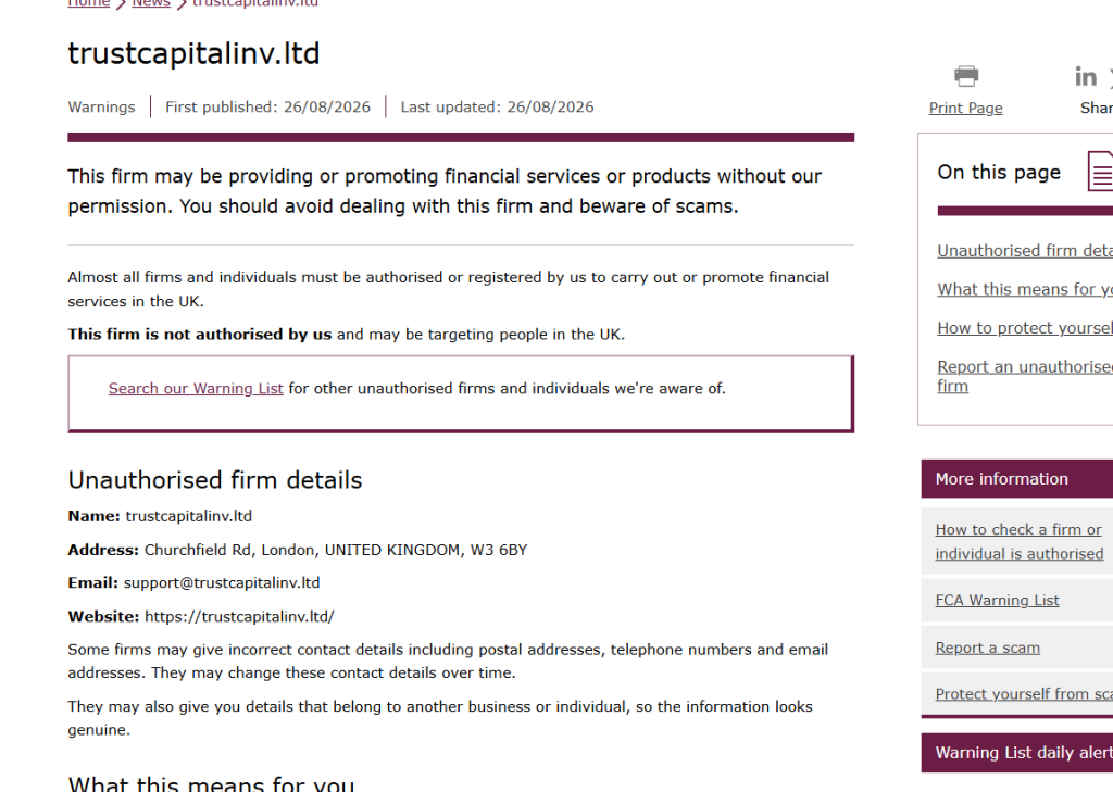 FCA关于trustcapitalinv.ltd未获授权的警告截图