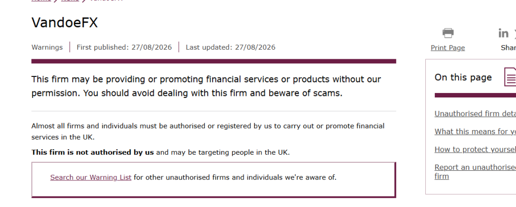 英国FCA关于VandoeFX未获授权的警告截图