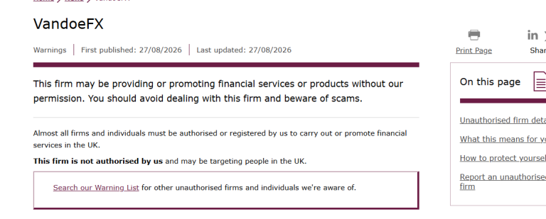 英国FCA关于VandoeFX未获授权的警告截图