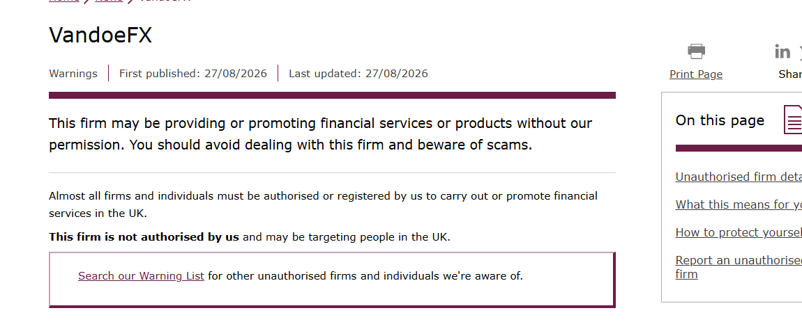 英国FCA关于VandoeFX未获授权的警告截图