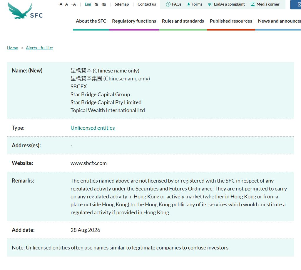 香港证监会2026年8月28日SBCFX未持牌实体警示