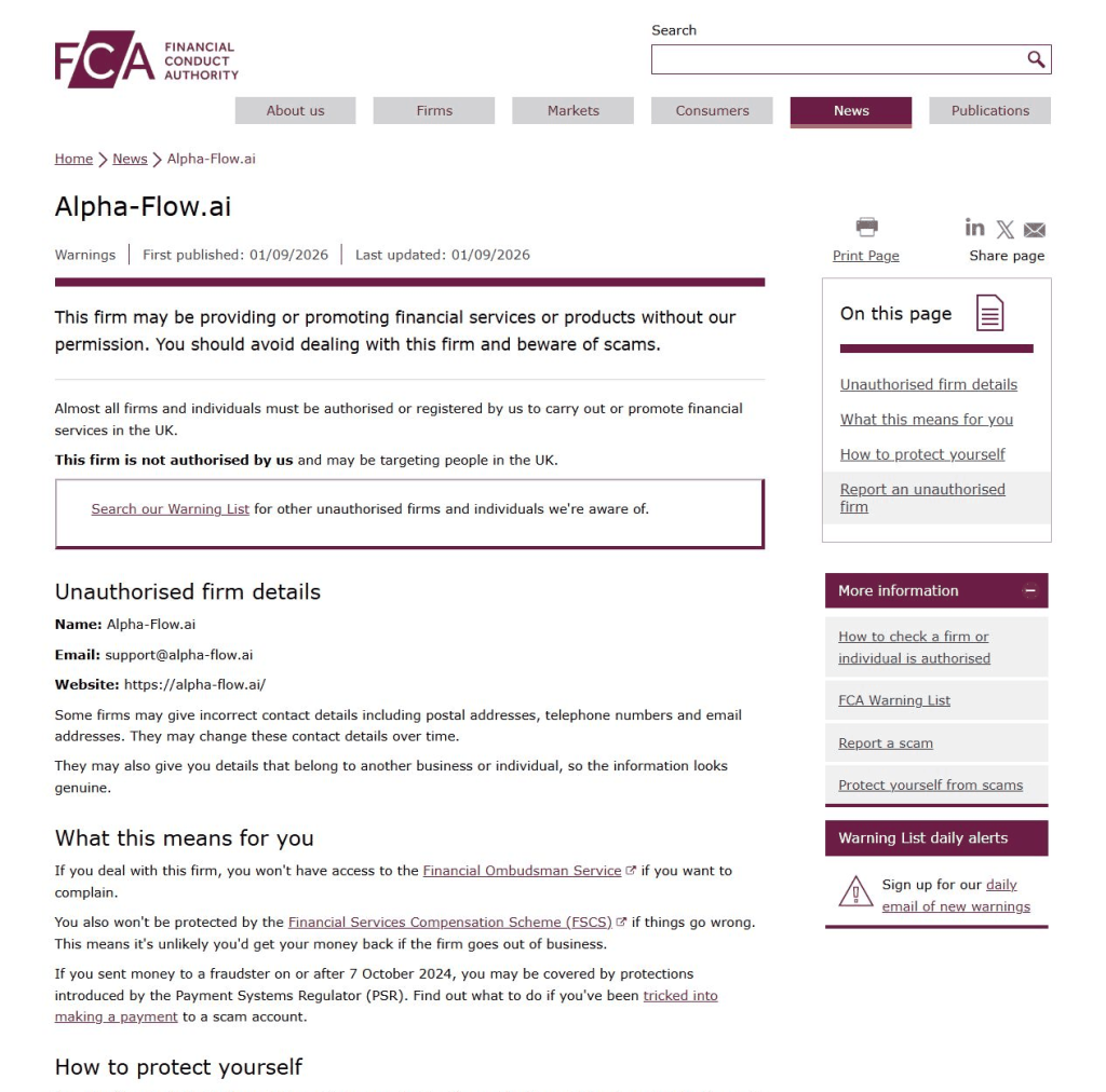 FCA关于Alpha-Flow.ai未获授权并可能面向英国用户的警示截图
