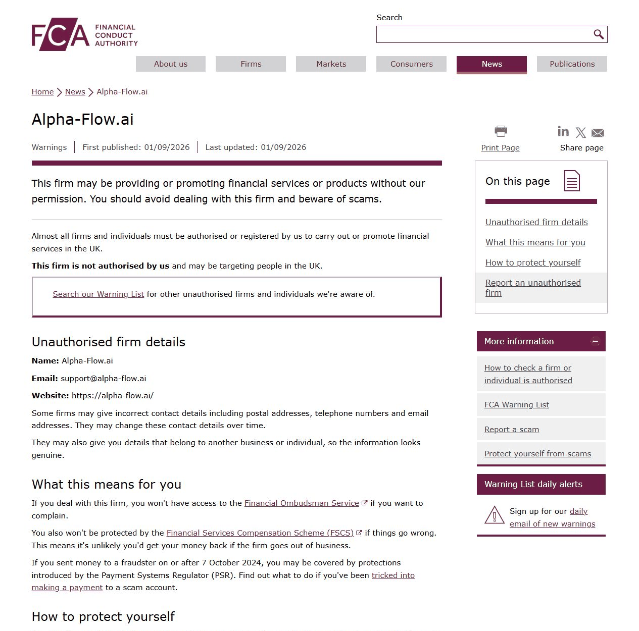 FCA关于Alpha-Flow.ai未获授权并可能面向英国用户的警示截图