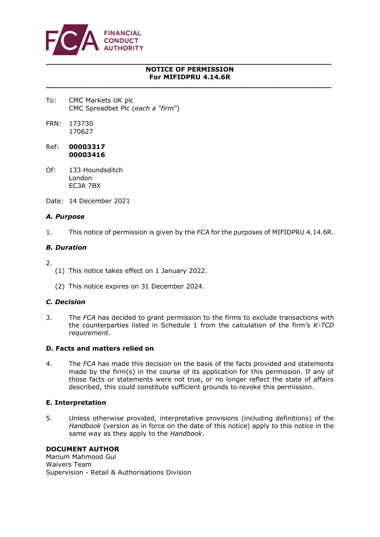 FCA 2021年文件同页列示CMC Markets UK plc、CMC Spreadbet Plc及FRN 173730和170627