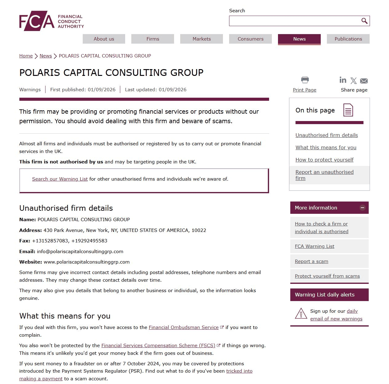 FCA关于POLARIS CAPITAL CONSULTING GROUP未获授权并可能面向英国用户的警示截图