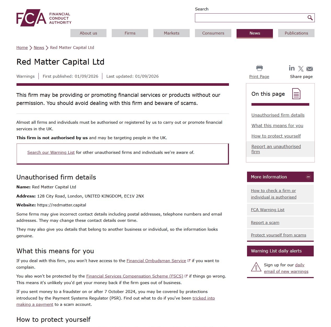 FCA关于Red Matter Capital Ltd未获授权并可能面向英国用户的警示截图