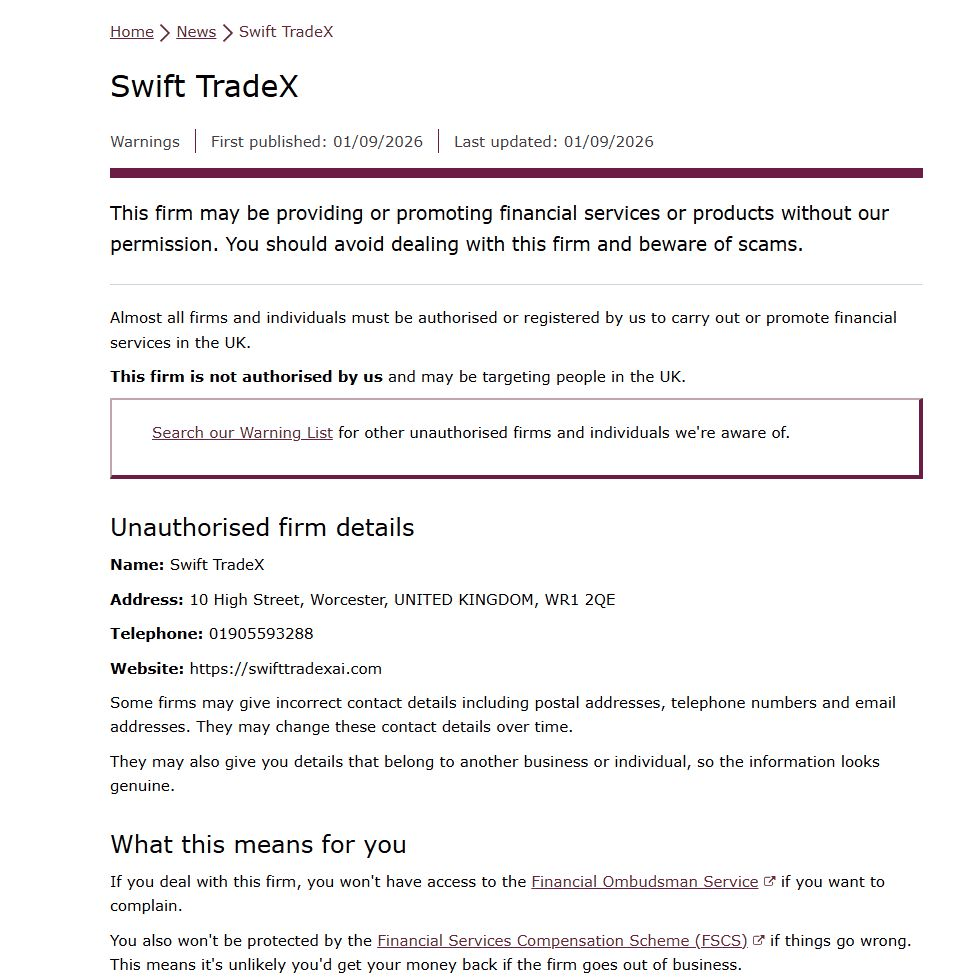 FCA关于Swift TradeX未获授权并可能面向英国用户的警示截图