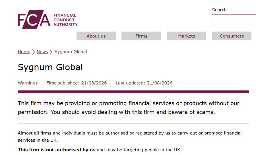 FCA关于Sygnum Global未获FCA授权的警示截图