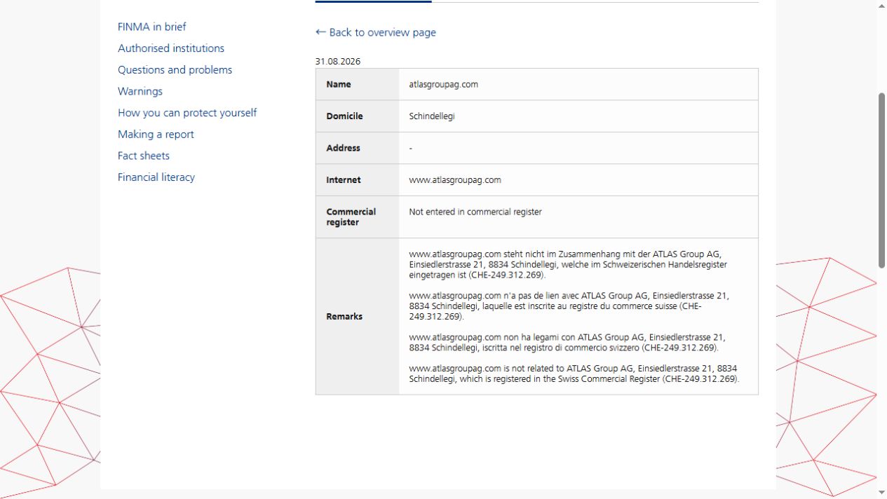 FINMA否认atlasgroupag.com与瑞士登记公司关联的警示截图