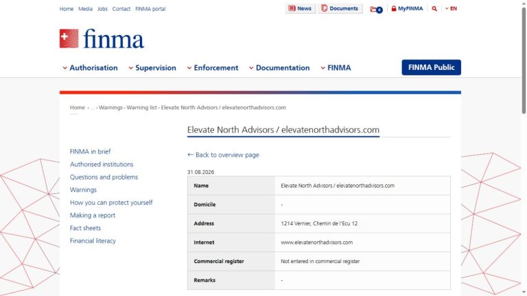 FINMA关于Elevate North Advisors的警示名单截图