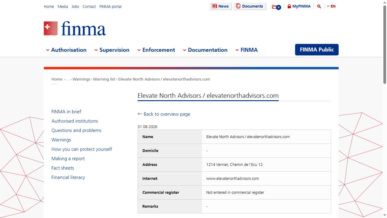 FINMA关于Elevate North Advisors的警示名单截图