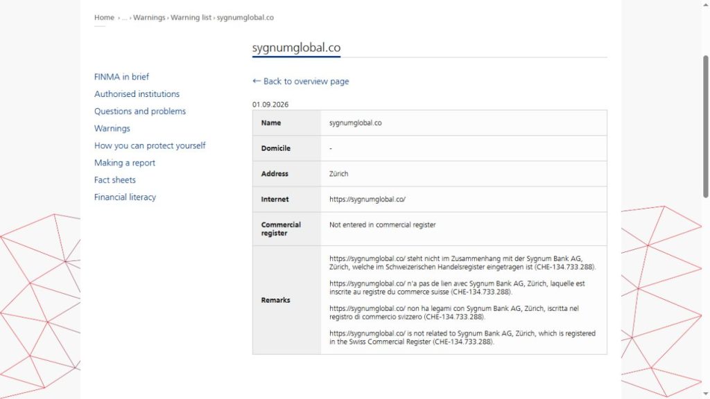FINMA关于sygnumglobal.co与Sygnum Bank AG无关的警示截图