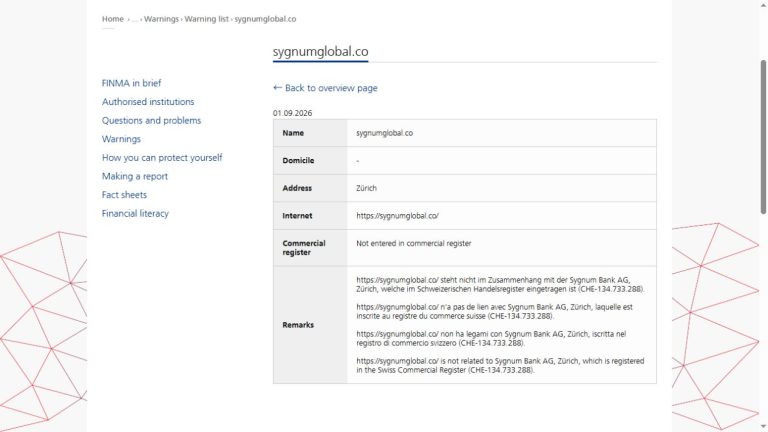 FINMA关于sygnumglobal.co与Sygnum Bank AG无关的警示截图