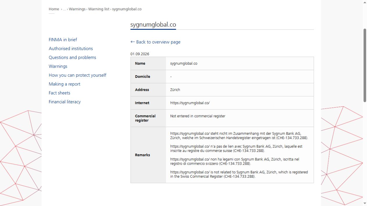 FINMA关于sygnumglobal.co与Sygnum Bank AG无关的警示截图